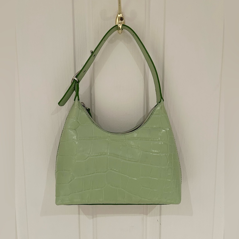 STAUD Women Patent Leather Croc-Embossed Shoulder Bag, Light Green, Metal Logo